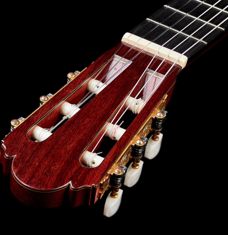 The headstock and machine heads of a 1976 Ignacio Fleta (ex Craig H. Russell) Classical Guitar made with cedar and Indian rosewood