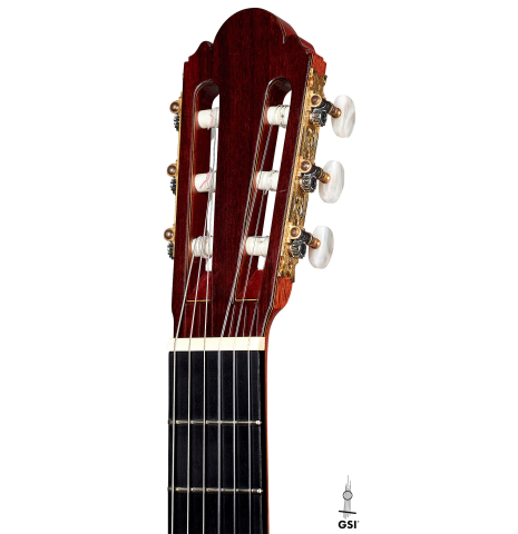 The headstock of a 1976 Ignacio Fleta (ex Craig H. Russell) Classical Guitar made with cedar and Indian rosewood