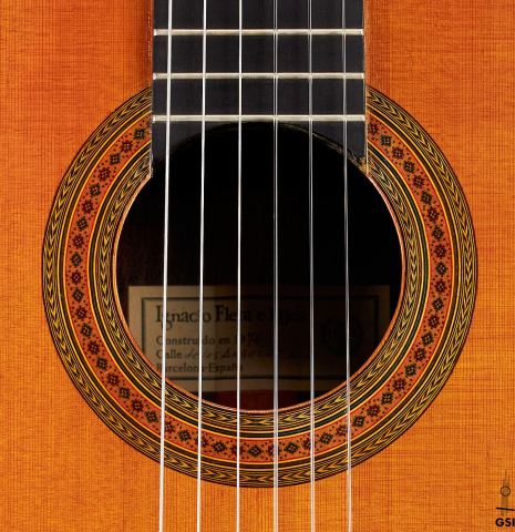 The rosette of a 1976 Ignacio Fleta (ex Craig H. Russell) Classical Guitar made with cedar and Indian rosewood