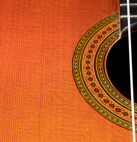 The rosette of a 1976 Ignacio Fleta (ex Craig H. Russell) Classical Guitar made with cedar and Indian rosewood