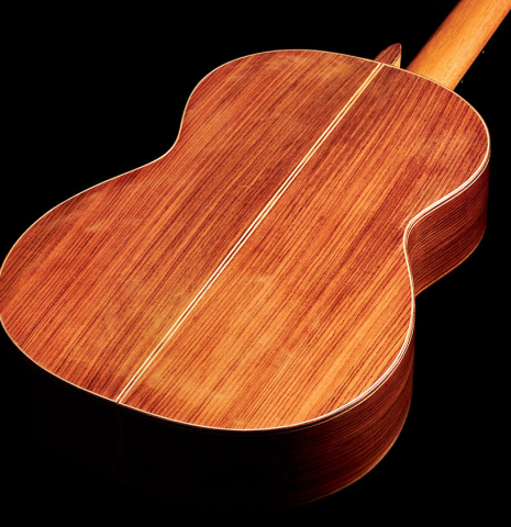 The back of a 1972 Ignacio Fleta classical guitar made of cedar and Indian rosewood