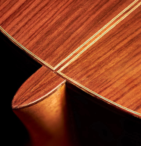 The heel and back of a 1972 Ignacio Fleta classical guitar made of cedar and Indian rosewood