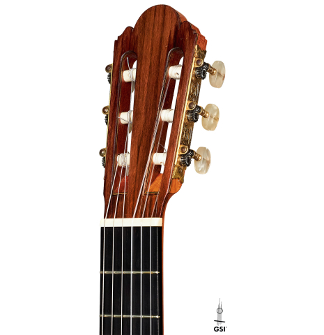 The headstock and machine heads of a 1972 Ignacio Fleta classical guitar made of cedar and Indian rosewood