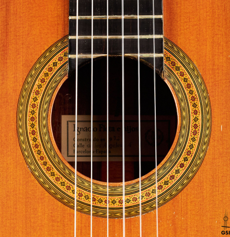 The rosette of a 1972 Ignacio Fleta classical guitar made of cedar and Indian rosewood