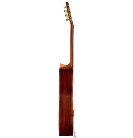 The side of a 1972 Ignacio Fleta classical guitar made of cedar and Indian rosewood