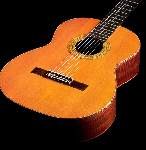 The soundboard of a 1972 Ignacio Fleta classical guitar made of cedar and Indian rosewood