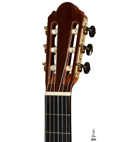 The headstock of a 1966 Ignacio Fleta classical guitar made of spruce and CSA rosewood