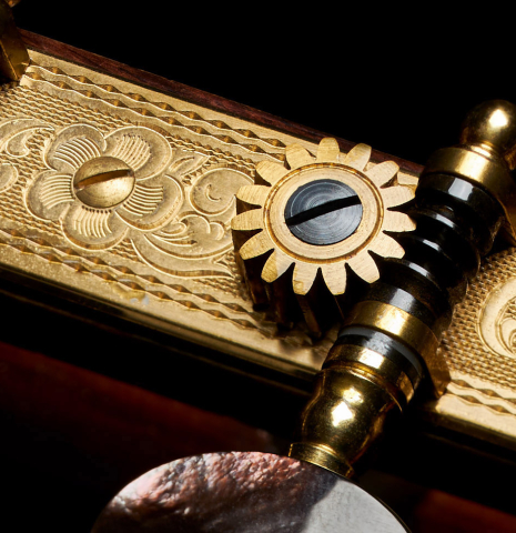 Detail of the tuning machines of a 1966 Ignacio Fleta classical guitar made of spruce and CSA rosewood