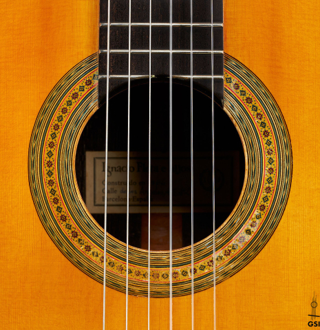 The rosette of a 1966 Ignacio Fleta classical guitar made of spruce and CSA rosewood