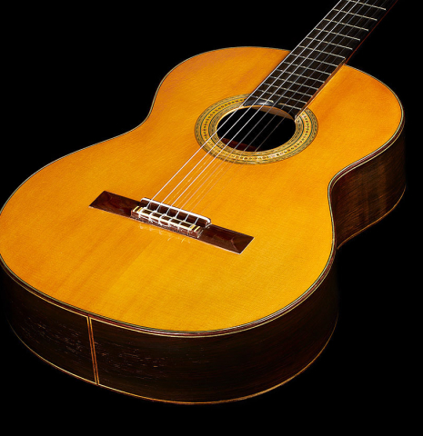 The soundboard of a 1966 Ignacio Fleta classical guitar made of spruce and CSA rosewood