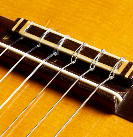 The bridge, tie-block and saddle of a 1966 Ignacio Fleta classical guitar made of spruce and CSA rosewood