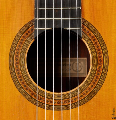 The rosette of a 1960 Ignacio Fleta classical guitar made of spruce and CSA rosewood