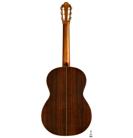 The back of a 1965 Ignacio Fleta classical guitar made of spruce and Indian rosewood