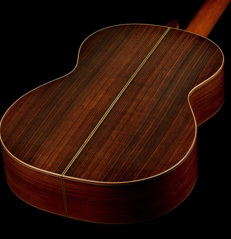 The back and sides of a 1965 Ignacio Fleta classical guitar made of spruce and Indian rosewood