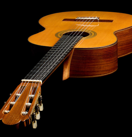 View from the headstock of a 1965 Ignacio Fleta classical guitar made of spruce and Indian rosewood
