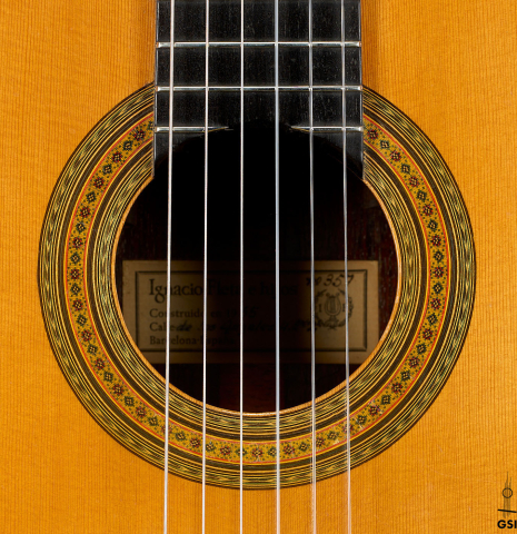 The rosette of a 1965 Ignacio Fleta classical guitar made of spruce and Indian rosewood