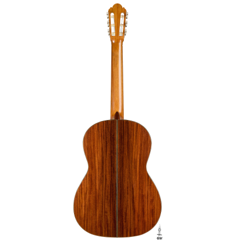 The back of a 1960 Ignacio Fleta classical guitar made of spruce and Indian rosewood