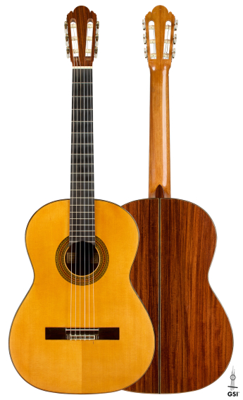 Front and back of a 1960 Ignacio Fleta classical guitar, spruce and Indian rosewood
