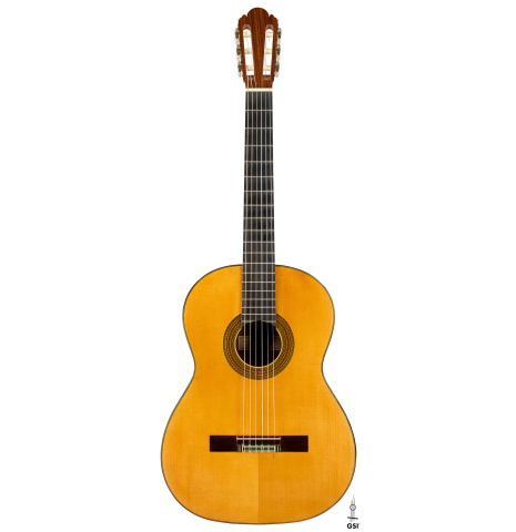 The front of a 1960 Ignacio Fleta classical guitar made of spruce and Indian rosewood