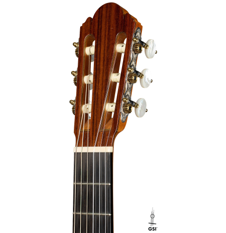 The headstock of a 1960 Ignacio Fleta classical guitar made of spruce and Indian rosewood