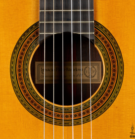 The rosette of a 1960 Ignacio Fleta classical guitar made of spruce and Indian rosewood