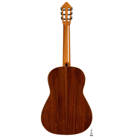 The back of a 2008 Thomas Fredholm classical guitar (ex John Dearman) made of spruce, CSA and Indian rosewood