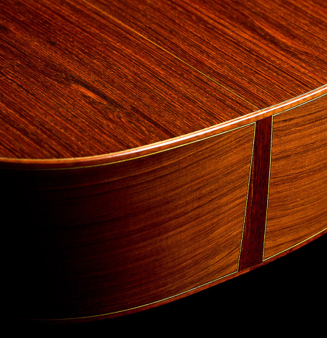 The back and sides at the foot of a 2008 Thomas Fredholm classical guitar (ex John Dearman) made of spruce, CSA and Indian rosewood