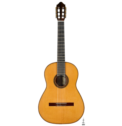 The front of a 2008 Thomas Fredholm classical guitar (ex John Dearman) made of spruce, CSA and Indian rosewood