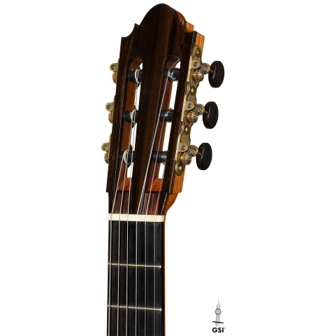 The headstock of a 2008 Thomas Fredholm classical guitar (ex John Dearman) made of spruce, CSA and Indian rosewood