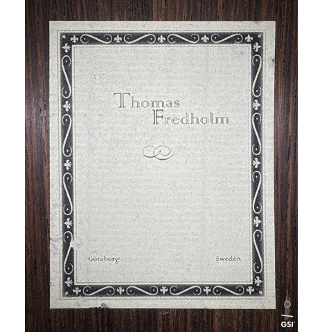 The label of a 2008 Thomas Fredholm classical guitar (ex John Dearman) made of spruce, CSA and Indian rosewood