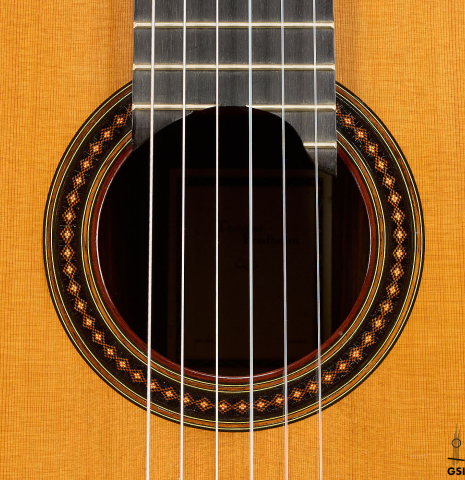 The rosette of a 2008 Thomas Fredholm classical guitar (ex John Dearman) made of spruce, CSA and Indian rosewood