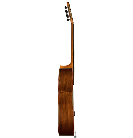The side of a 2008 Thomas Fredholm classical guitar (ex John Dearman) made of spruce, CSA and Indian rosewood