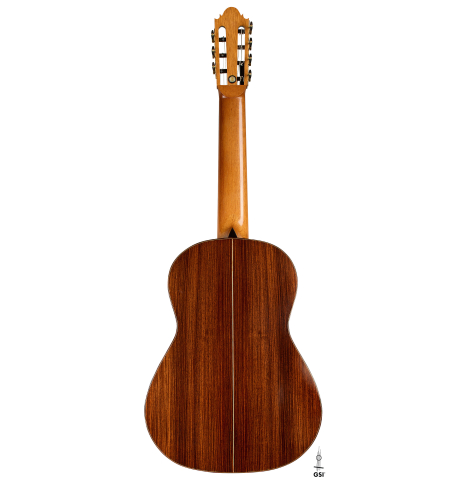 The back of a 2011 Thomas Fredholm "7-string" classical guitar (ex John Dearman) made of spruce and Indian rosewood
