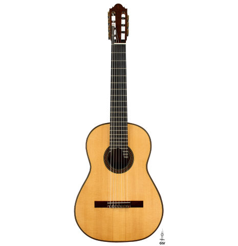 The front of a 2011 Thomas Fredholm "7-string" classical guitar (ex John Dearman) made of spruce and Indian rosewood