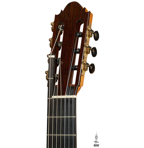 The headstock of a 2011 Thomas Fredholm "7-string" classical guitar (ex John Dearman) made of spruce and Indian rosewood