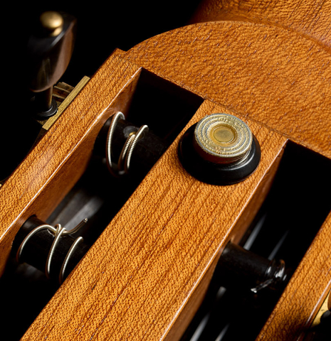 The back of the headstock of a 2011 Thomas Fredholm "7-string" classical guitar (ex John Dearman) made of spruce and Indian rosewood