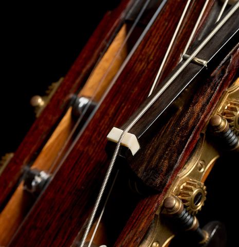 The cantilever on the headstock of a 2011 Thomas Fredholm "7-string" classical guitar (ex John Dearman) made of spruce and Indian rosewood