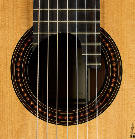The rosette of a 2011 Thomas Fredholm "7-string" classical guitar (ex John Dearman) made of spruce and Indian rosewood