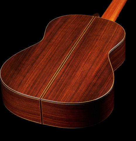The back and sides of a 2005 Daniel Friederich classical guitar (Romero collection) made of cedar and Indian rosewood