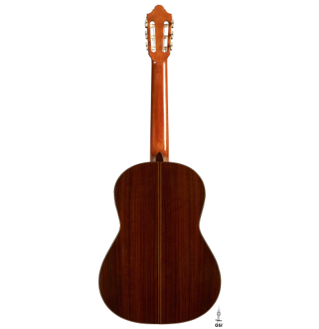 The back of a 2005 Daniel Friederich classical guitar (Romero collection) made of cedar and Indian rosewood