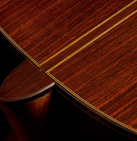 The heel, back binding and purfling of a 2005 Daniel Friederich classical guitar (Romero collection) made of cedar and Indian rosewood