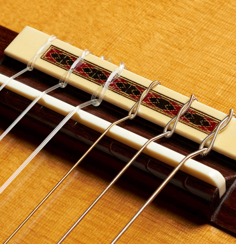 The bridge, tie-block and saddle of a 2005 Daniel Friederich classical guitar (Romero collection) made of cedar and Indian rosewood