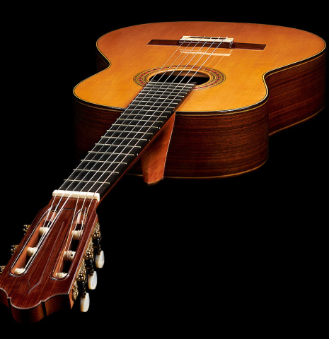 View from the headstock of a 2005 Daniel Friederich classical guitar (Romero collection) made of cedar and Indian rosewood