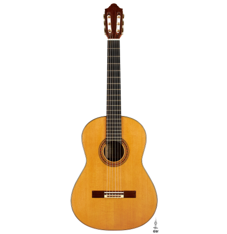 The front of a 2005 Daniel Friederich classical guitar (Romero collection) made of cedar and Indian rosewood