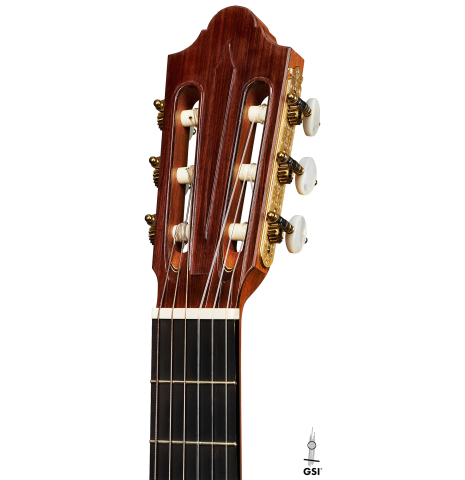 The headstock of a 2005 Daniel Friederich classical guitar (Romero collection) made of cedar and Indian rosewood