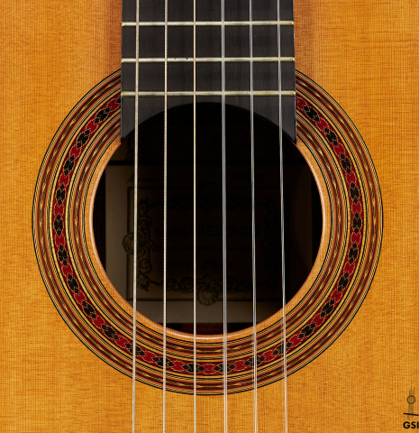 The rosette of a 2005 Daniel Friederich classical guitar (Romero collection) made of cedar and Indian rosewood