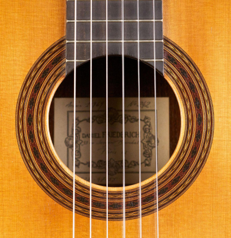 The rosette of a 1969 Daniel Friederich classical guitar made of spruce and CSA rosewood