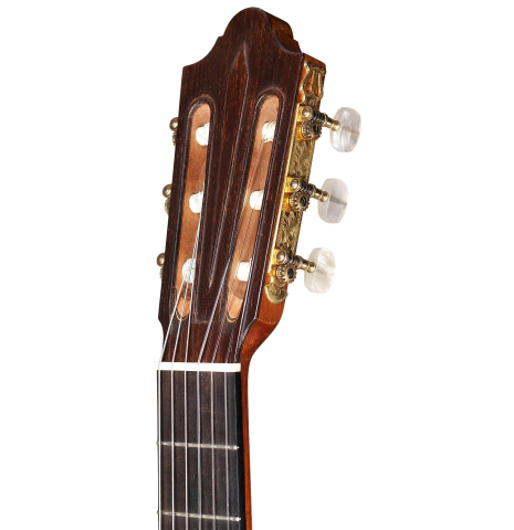 The headstock of a 1969 Daniel Friederich classical guitar made of spruce and CSA rosewood