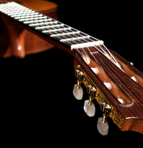 View from the hadstock of a 1969 Daniel Friederich classical guitar made of spruce and CSA rosewood