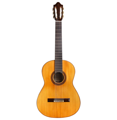 The front of a 1969 Daniel Friederich classical guitar made of spruce and CSA rosewood
